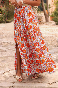 Women's Bohemian Floral Orange Maxi Skirt with Side Split - Flowing, Comfortable Fit for Summer Events and Festivals