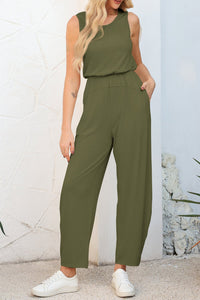 Women's Boho Chic Green Pleated Jumpsuit - Sleeveless, Elastic Waist Summer Outfit for Casual Days