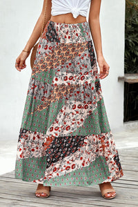 Women's Boho Patchwork Print Maxi Skirt with Smocked Waist