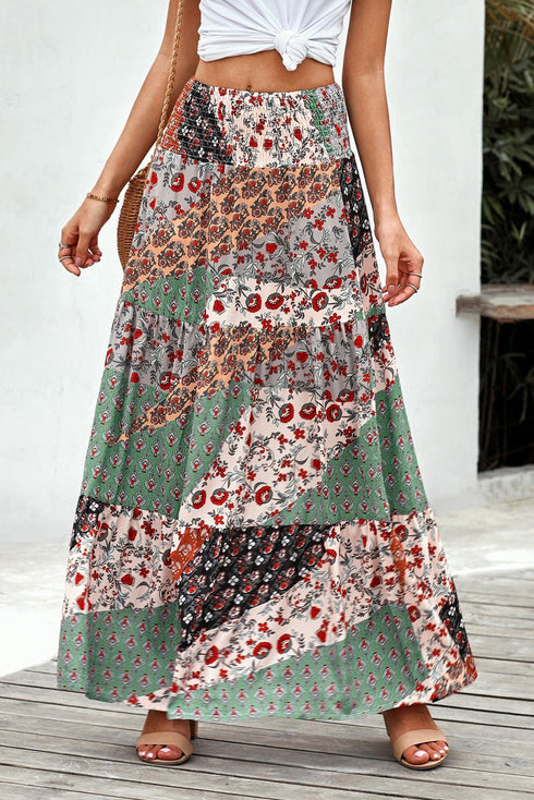 Women's Boho Patchwork Print Maxi Skirt with Smocked Waist
