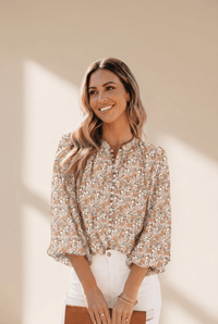Women's Boho Ditsy Floral Button-Down Blouse with Lantern Sleeves