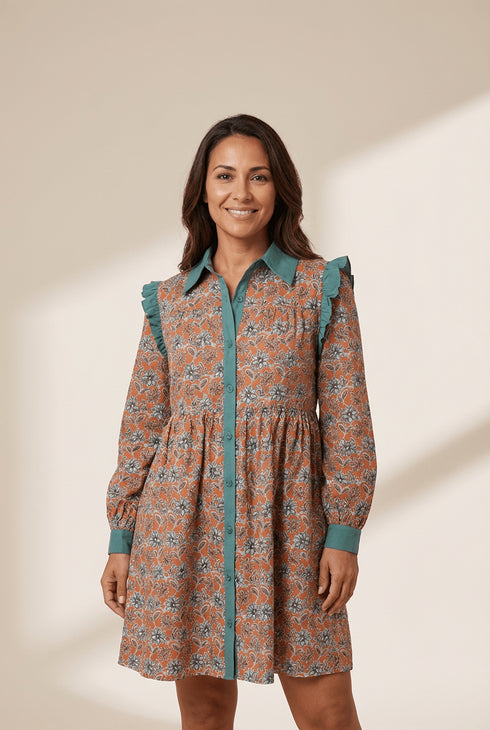Women's Boho Floral Cotton Mini Dress with Teal Contrast Collar