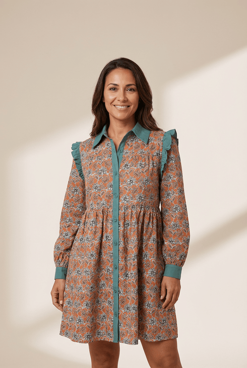 Orange Boho Floral Contrast Collared Shirt Mini Dress