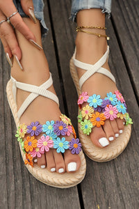 Khaki Boho Dainty Flower Hollow Out Caged Woven Textured Sandals