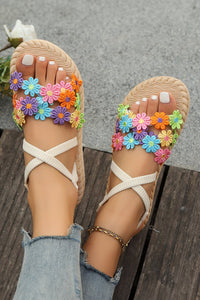 Khaki Boho Dainty Flower Hollow Out Caged Woven Textured Sandals