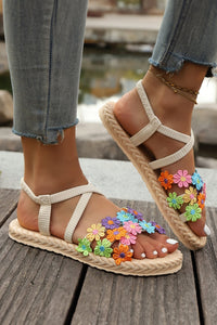 Khaki Boho Dainty Flower Hollow Out Caged Woven Textured Sandals