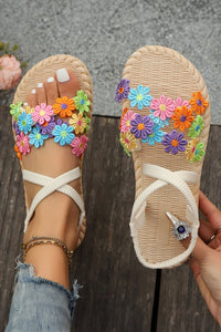 Khaki Boho Dainty Flower Hollow Out Caged Woven Textured Sandals