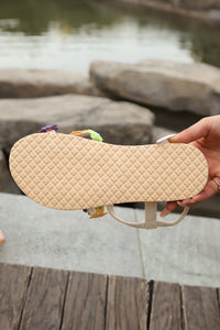 Khaki Boho Dainty Flower Hollow Out Caged Woven Textured Sandals