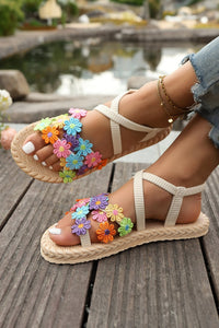Khaki Boho Dainty Flower Hollow Out Caged Woven Textured Sandals