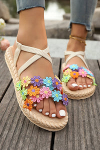 Khaki Boho Dainty Flower Hollow Out Caged Woven Textured Sandals