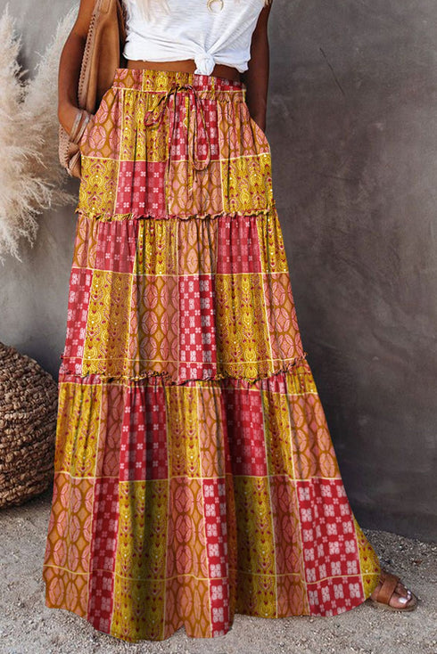 Women's Boho Orange Paisley Maxi Skirt with Pockets - Tiered Design for Effortless Summer Style and Comfort