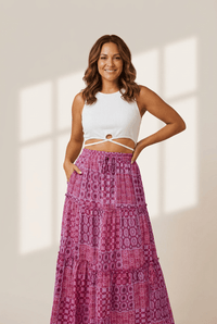 Women's Boho Purple Tiered Maxi Skirt with Pockets - Effortless Summer Style in Vibrant Paisley Print