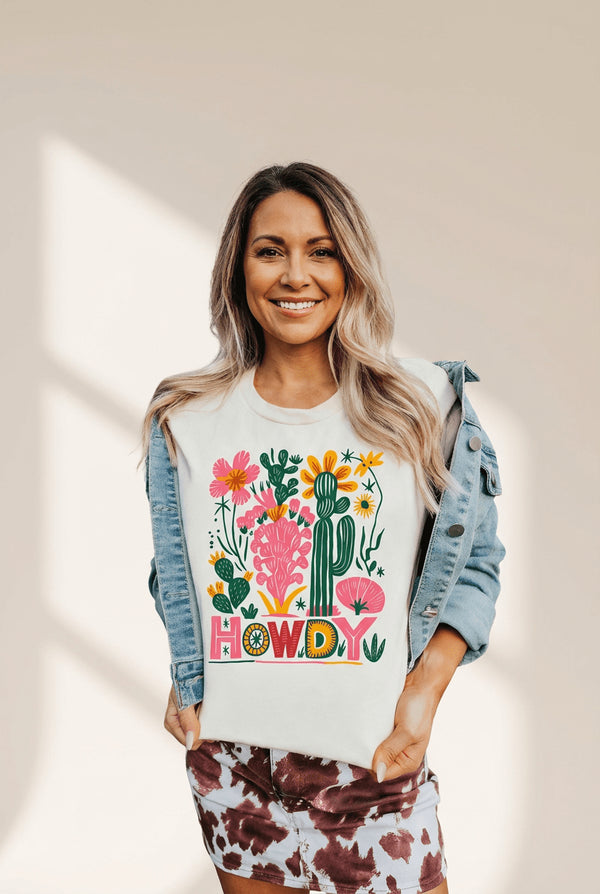 Women's Boho Western 'Howdy' Desert Floral Graphic Tee