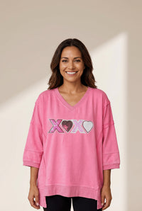 Women's Bonbon Pink Sequin XOXO V-Neck Top with Raw Seams