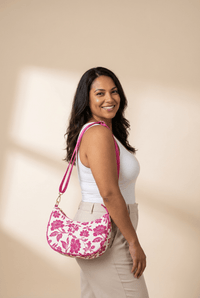 Women's Botanical Canvas Crescent Crossbody Bag in Fuchsia Floral