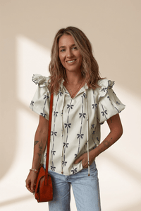 Women's Bow Print Ruffle Shoulder Puff Sleeve Blouse in Cream
