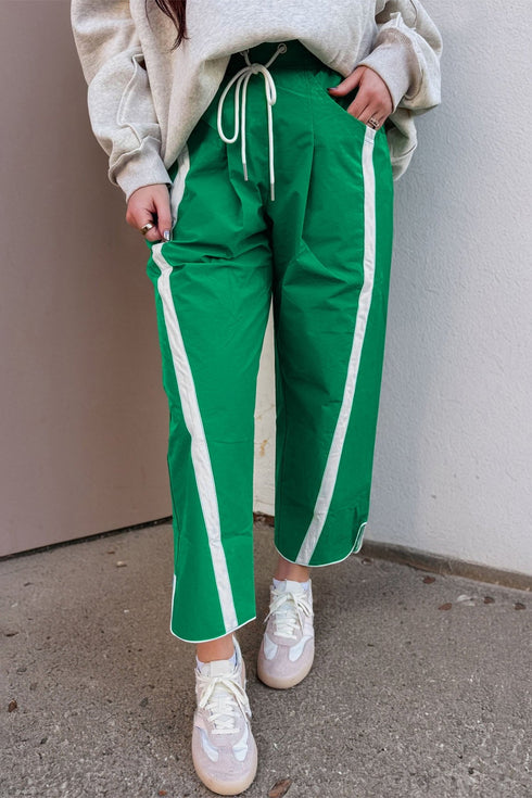 Women's Bright Green Cropped Casual Pants with Striped Detailing and Smocked Waist for Effortless Style and Comfort