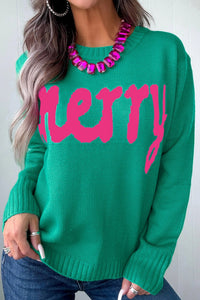 Women's Bright Green Merry Print Ribbed Sweater