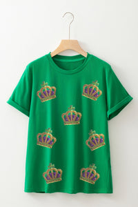 Bright Green Sequin Mardi Gras Crown Rolled Sleeve T Shirt