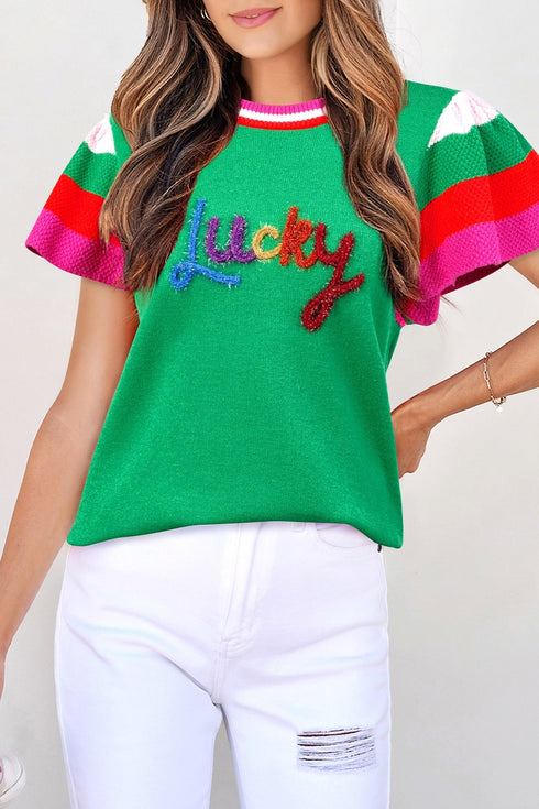 Women's Kelly Green Lucky Flutter Sleeve Knit Sweater