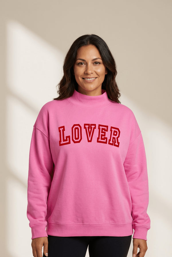 Women's Bright Pink Reversible Mock Neck Sweatshirt with LOVER Heart Script - Stylish & Comfortable Casual Wear