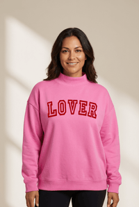 Women's Bright Pink Reversible Mock Neck Sweatshirt with LOVER Heart Script - Stylish & Comfortable Casual Wear
