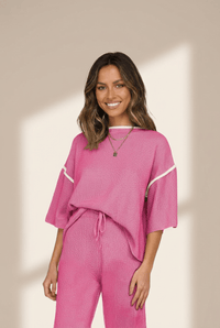 Women's Bright Pink Textured Knit Sweater and Wide-Leg Pant Set