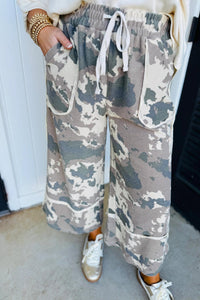 Women's Brown Camouflage Loose Fit Pants with Contrast Lace-up Detail and Pocketed Raw Edge Style