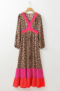 Brown Leopard Color Block V Neck Loose Fit Maxi Dress