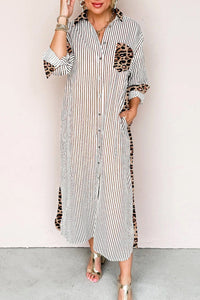 
Women's Brown Leopard Patchwork Long Shirt Dress - Chic, Comfortable Fit for Casual or Dressy Events