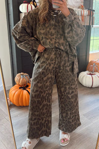
Women's Brown Leopard Print Pullover and Drawstring Loose Pants Set - Trendy Patchwork Loungewear for Ultimate Comfort
