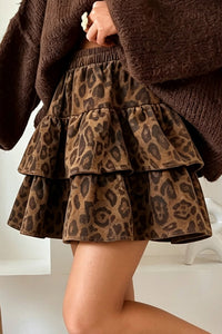 Women's Brown Leopard Print Tiered Mini Skirt with Elastic Waist