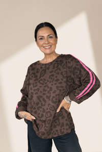 Women's Brown Leopard Print Varsity Stripe Tunic Top