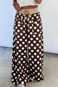 Women's Brown Polka Dot Wide Leg Pants with Drawstring and Pockets for a , Fit