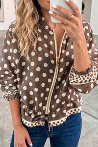 Women's Brown Polka Dot Zip-Up Shacket with Contrast Details
