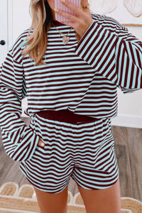 Women's Brown Striped Relaxed Long Sleeve Top with Elastic Waistband Shorts Set