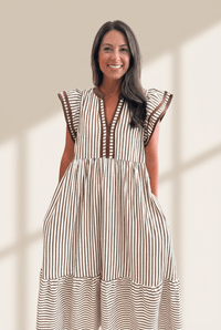 Women's Brown Striped V-Neck Midi Dress with Ruffled Flutter Sleeves