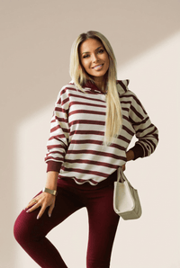 Women's Burgundy Striped Hoodie and Ribbed Legging Two-Piece Set