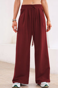 Burgundy Tied Elastic High Waist Pleated Detail Solid Sweatpants