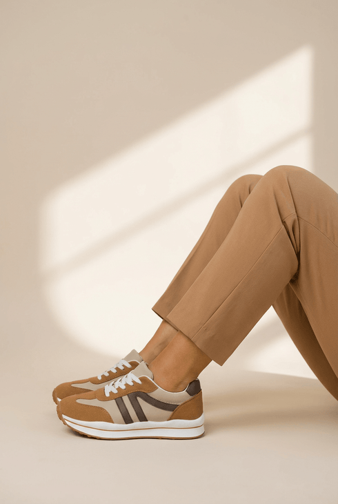 Women's Camel and Coffee Color Block Lace-Up Sneakers