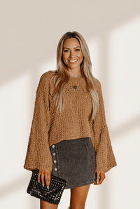 
Women's Camel Bell Sleeve Hollow Out Knit Sweater