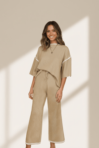 Women's Camel Knit Half-Sleeve Top and Wide-Leg Drawstring Pant Set
