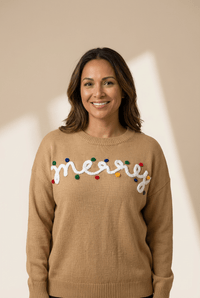 
Women's Camel 'Merry' Embroidered Knit Christmas Sweater