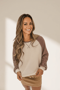 Women's Camel Waffle Knit Raglan Top with Color Block Sleeves