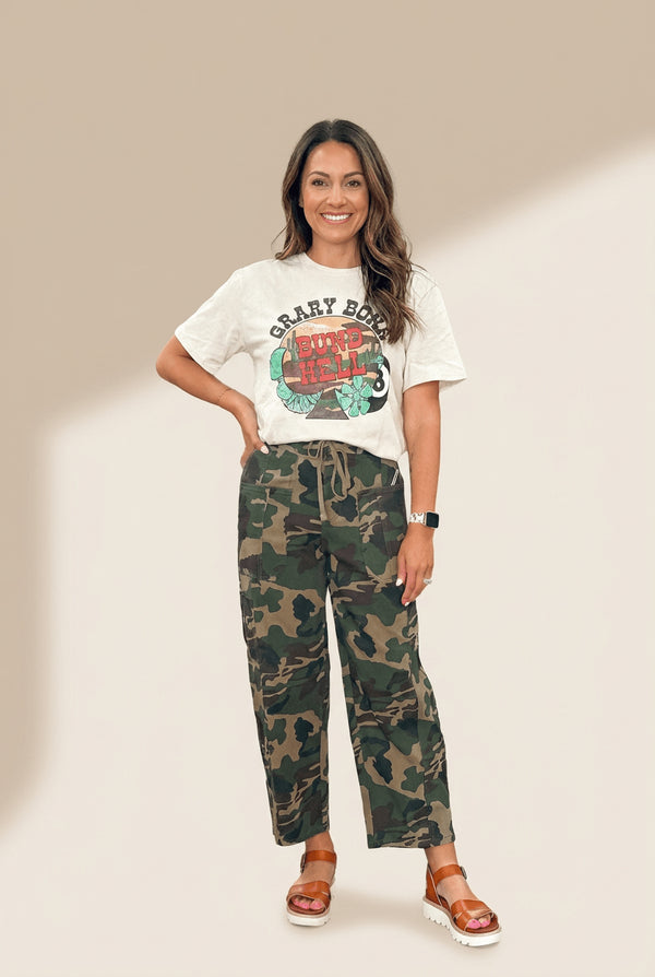 Women's Camouflage Barrel Jeans with Drawstring Waist