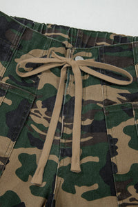 Green Camouflage Print Drawstring Patch Pocket Barrel Jeans