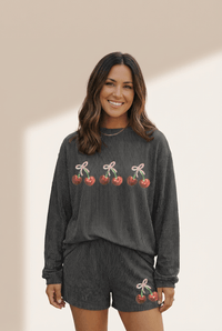 Women's Carbon Grey Ribbed Sequin Cherry Pullover and Shorts Set with practical styling and dependable silhouette control.