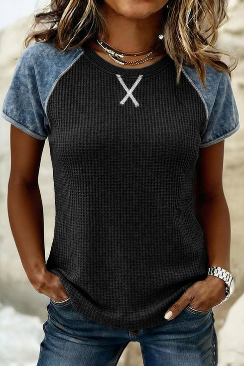 Women's Carbon Grey Waffle Knit Color Block Short Sleeve Top with Seam Details for Effortless Casual Chic Fashion