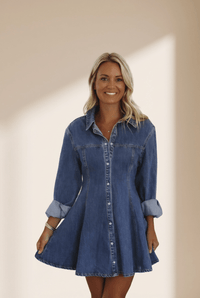 women's casual ashleigh blue denim flared mini dress with collar and long sleeves - great for a variety of occasions with practical styling and