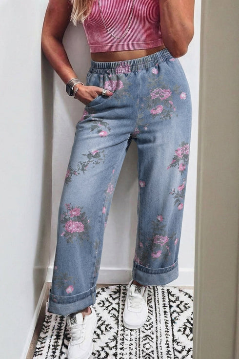Women's Casual Beau Blue Floral Print Jeans with Elastic Waist for Ultimate Comfort and Chic Everyday Style